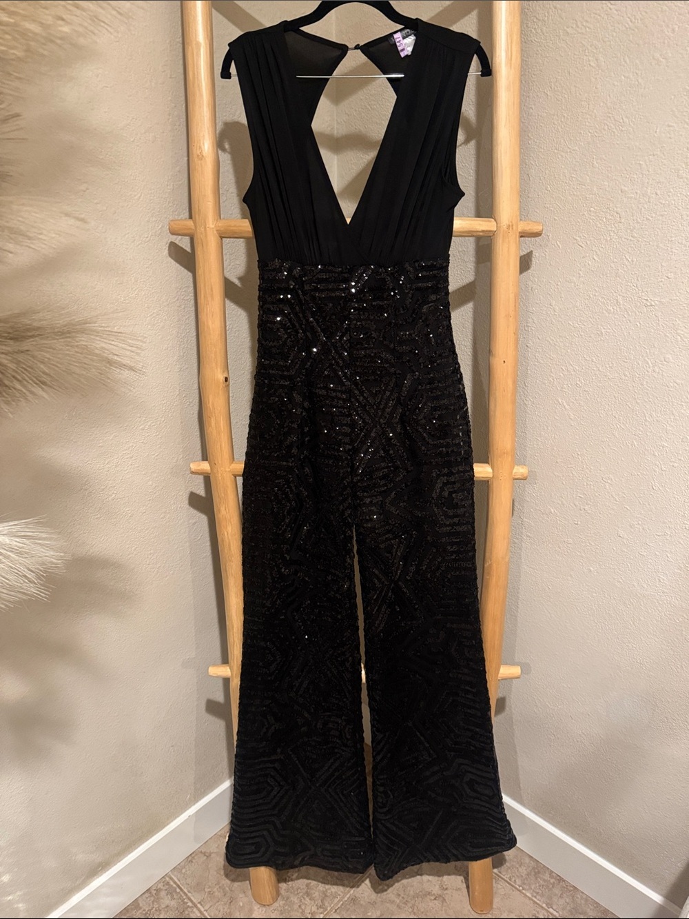 VENUS Black Sequin Wide-Leg Plunging V-Neck Jumpsuit